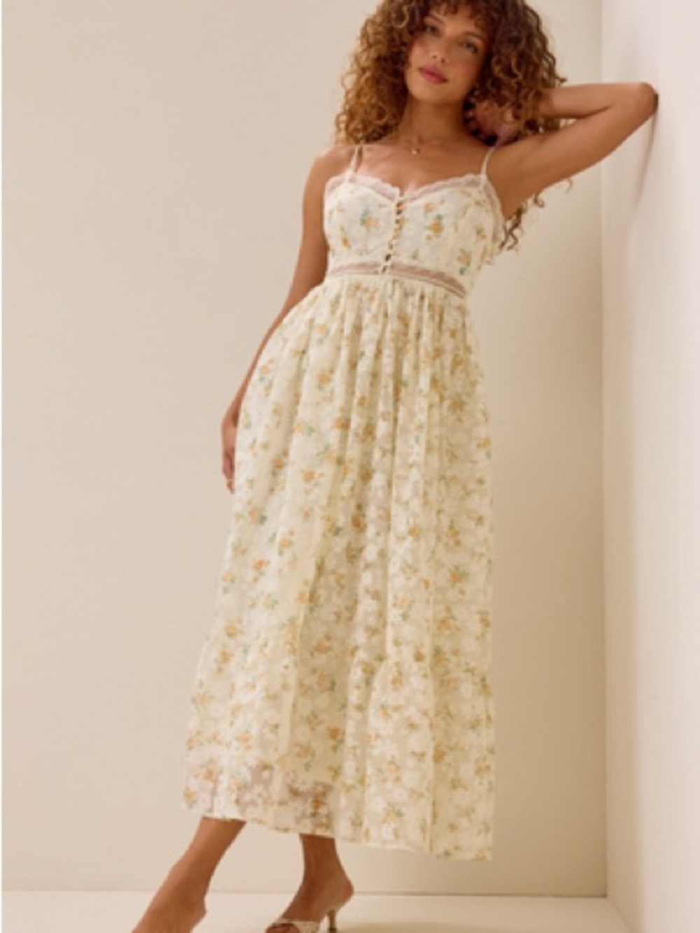 Altar'd State Cream Floral Lace-Trim Maxi Dress
